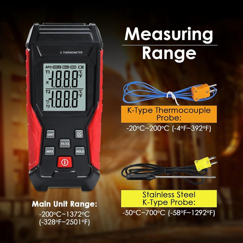 JuviPerpric Digital Thermocouple Thermometer Dual Channel K Type Thermometer(-328~2501℉) with 4 K-Type Thermocouple Probes LCD Display Temperature Tester for K Type - Image 4
